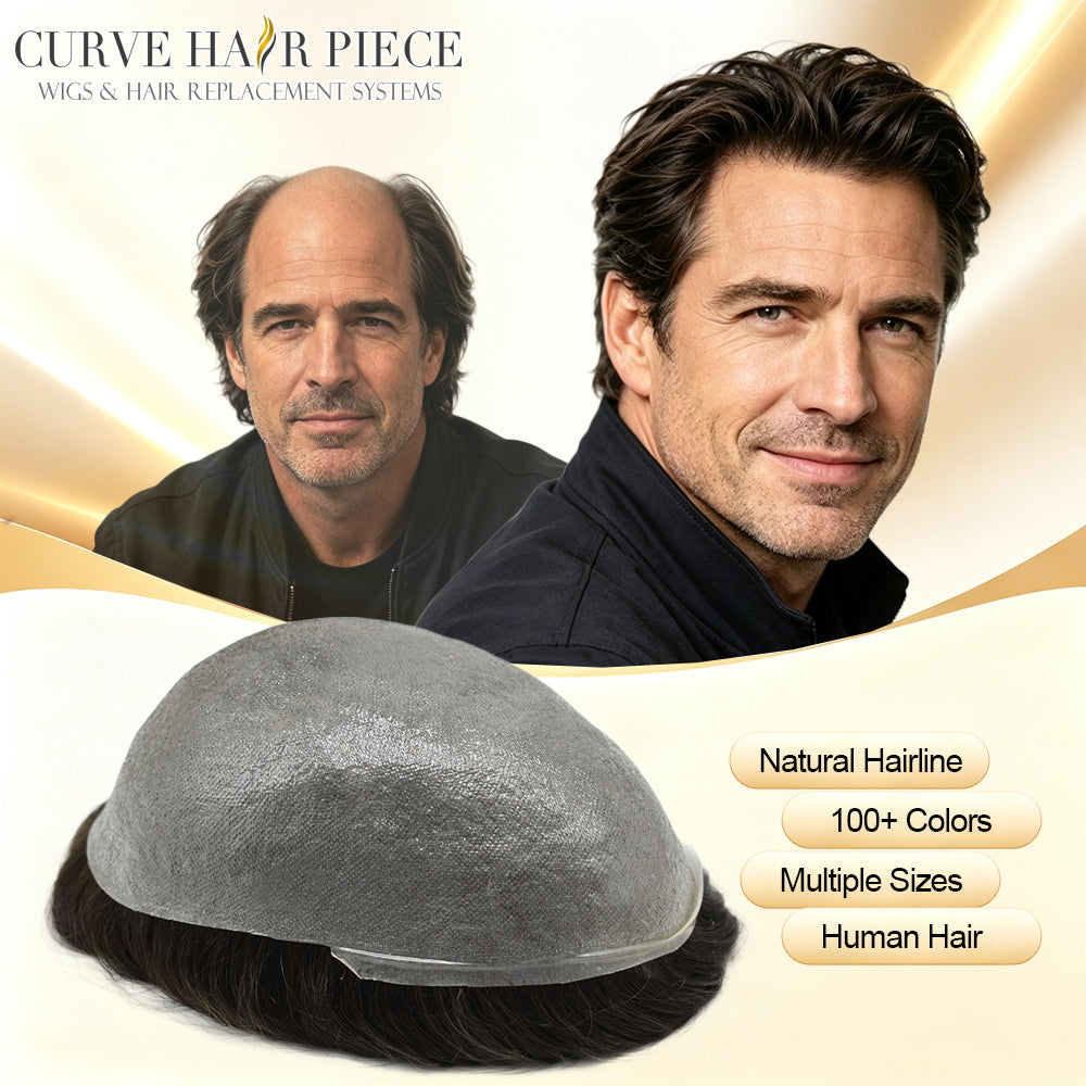Ultra Thin Skin 0.06mm Mens Toupee Invisible Hair Replacement Thin Poly Hairpiece Natural Hairline Human Hair System Black Brown Blonde Gray V-Looped Wigs for Man