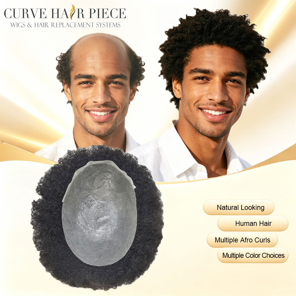 Afro Kinky Curly Toupee for Black Men Thin Skin Mens Toupee Human Hair Piece V-Looped PU Afro Curly African American Mens Hair Wig Units
