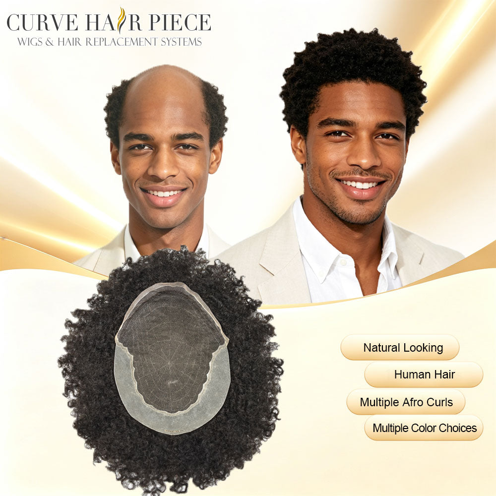 Afro Kink Curl Toupee for Black Men French Lace African American Human Hair Replacement Systems Breathable Hairpiece