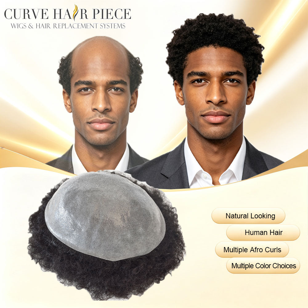 Hair Units for Black Men Thin Skin African American Men Full Poly Afro Curly Hair Units Wave Mens Hairpieces