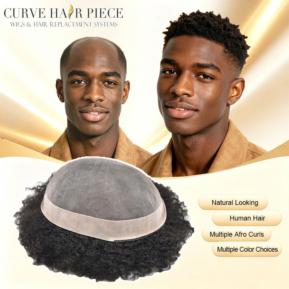 Afro Toupee for Black Men Fine Mono Lace Base 100% Real Human Hair Durable Mens Hair Replacement System Natural Afro Curly Hairpiece