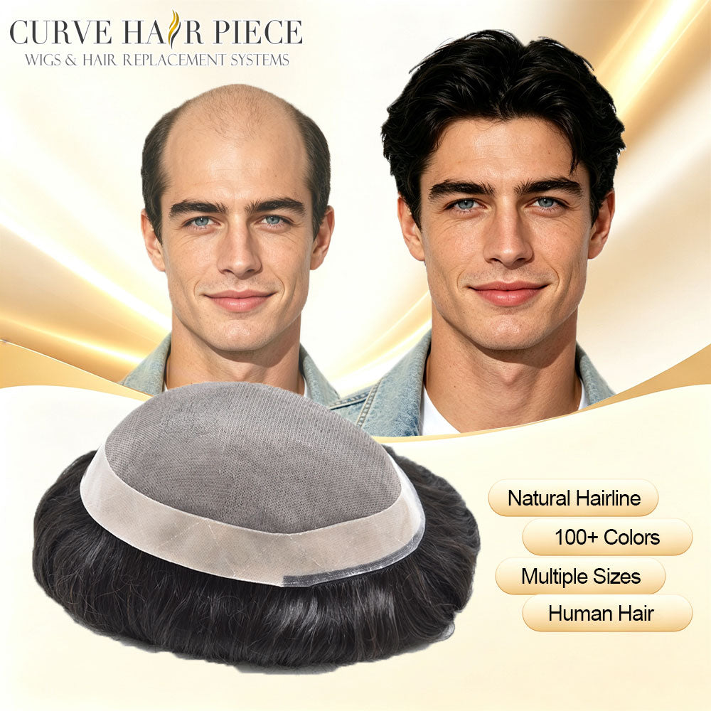 US Stock Monofilament Top Hair System for Men PU Around with Folded Lace Front Natural Hairline Toupee