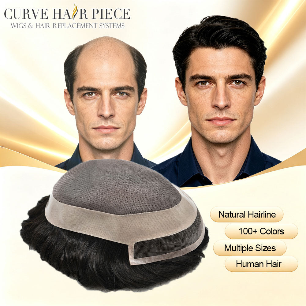 Curve Hair Toupee for Men Welded Lace Front Replacement Durable Mono Base Poly Skin Natural Hairline Hairpieces Natural Black Human Hair System