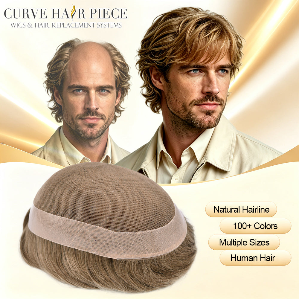 Toupee for Men Durable Fine Mono Mens Hair Replacement System Soft Human Hair Piece Poly Coated Around Hand Tied Mens Toupee Natural Looking Wigs