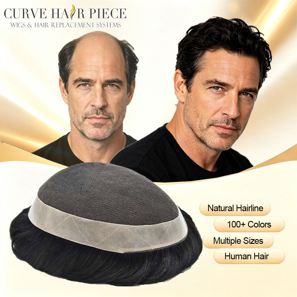 Toupee for Men Durable French Lace Mens Toupee Human Hair System Poly Skin Around Mens Wig Transparent Lace Hair Replacement System