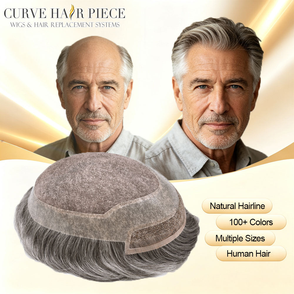 US Stock Men’s Human Hair Toupee Durable Fine Silk Monofilament Breathable Hair Replacement System For Daily & Salon Fast Domestic Shipping From USA Warehouse