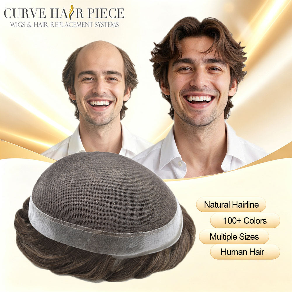 US Stock Men Hair System French Lace Center With Poly Skin Perimeter Human Hair Toupee, Invisible V Loop Knots Breathable Hairpiece | Fast USA Shipping