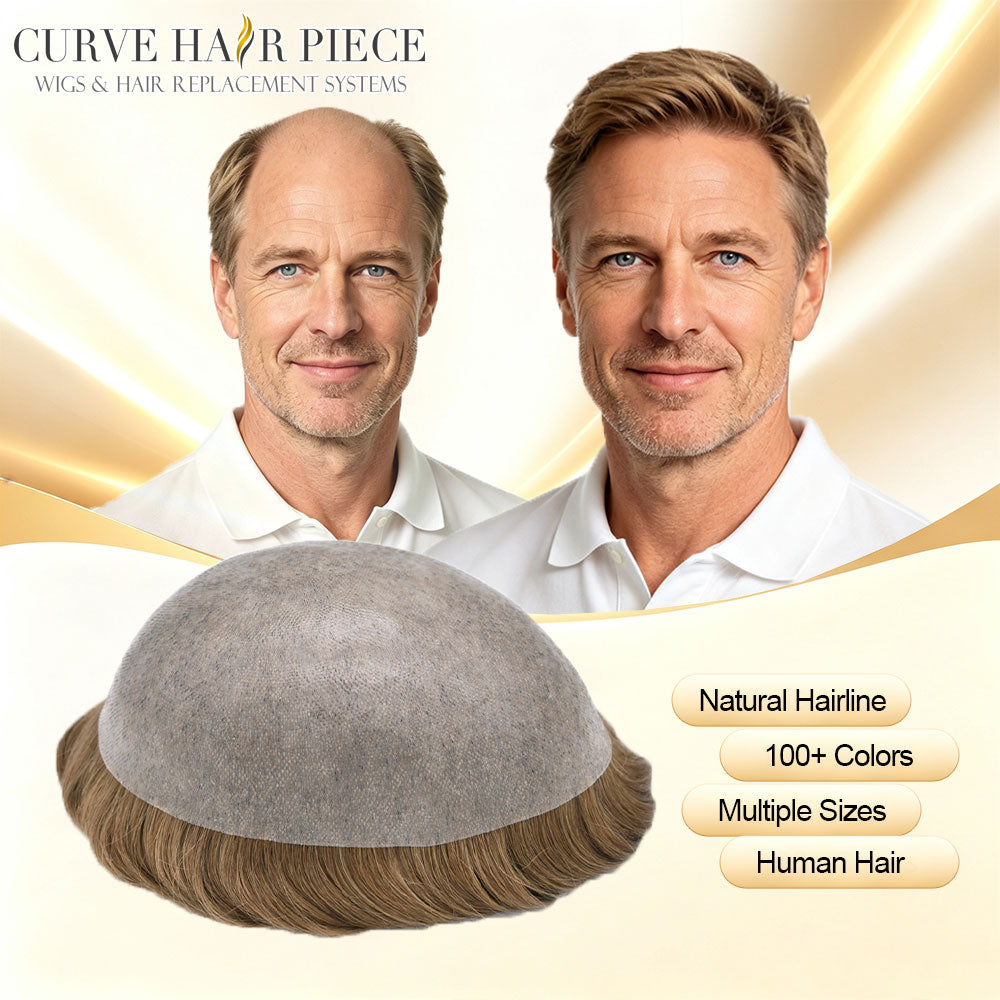 Full Poly 0.10mm Mens Toupee Thin Soft Human Hair Systemfor Men All Transparent Skin Replacement Durable PUHairpiece Wig for Men