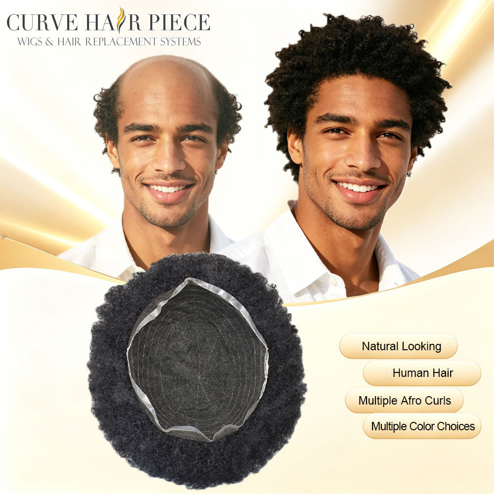 Afro Curl Toupee for Black Men Full Lace African American Gray Hair Replacement Systems Breathable All Transparent Lace Hairpiece Natural Hairline