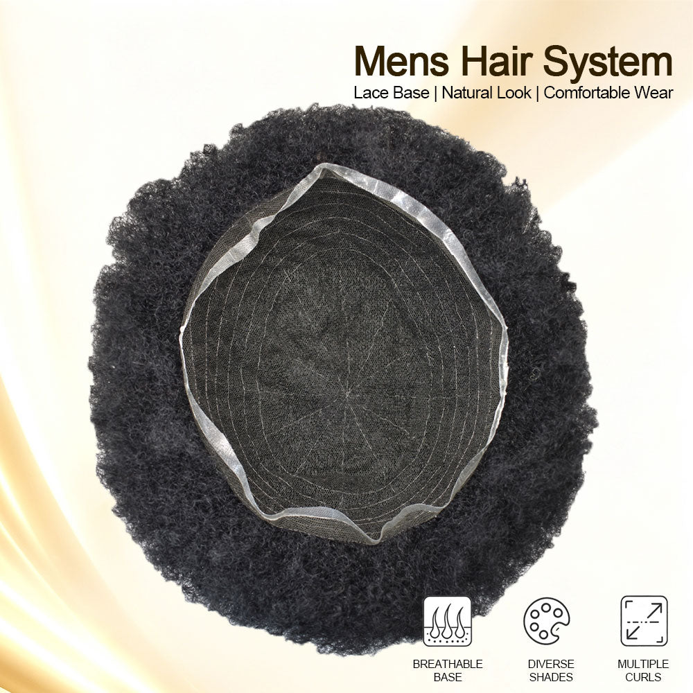 Afro Curl Toupee for Black Men Full Lace African American Gray Hair Replacement Systems Breathable All Transparent Lace Hairpiece Natural Hairline