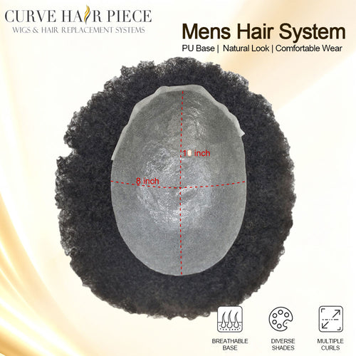 Afro Kinky Curly Toupee for Black Men Thin Skin Mens Toupee Human Hair Piece V-Looped PU Afro Curly African American Mens Hair Wig Units