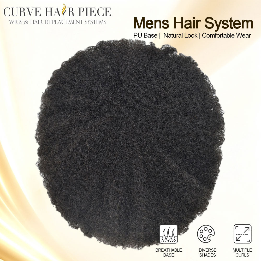 Afro Kinky Curly Toupee for Black Men Thin Skin Mens Toupee Human Hair Piece V-Looped PU Afro Curly African American Mens Hair Wig Units