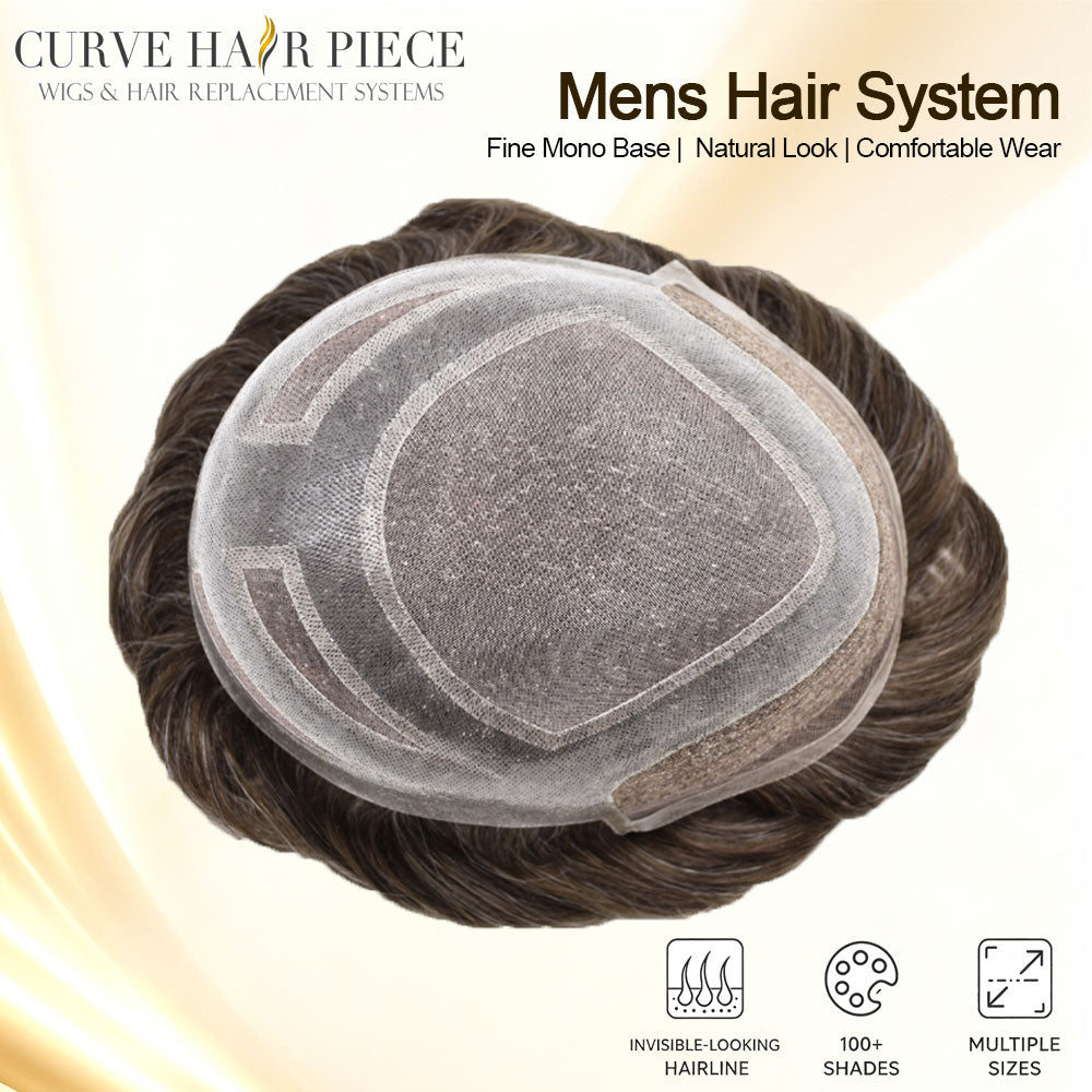 Fine Mono Poly Skin Toupee for Men with French Lace Front Natural Hairline Hair Replacement System