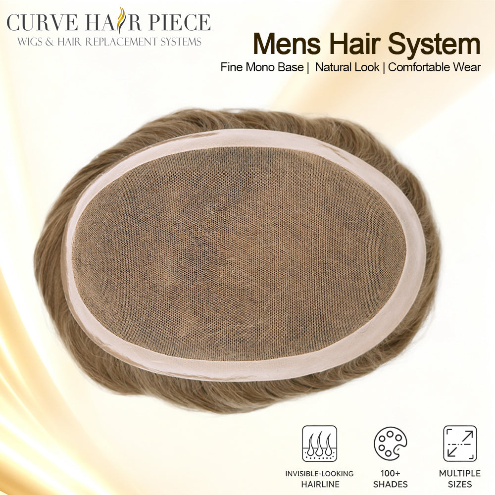 Toupee for Men Durable Fine Mono Mens Hair Replacement System Soft Human Hair Piece Poly Coated Around Hand Tied Mens Toupee Natural Looking Wigs
