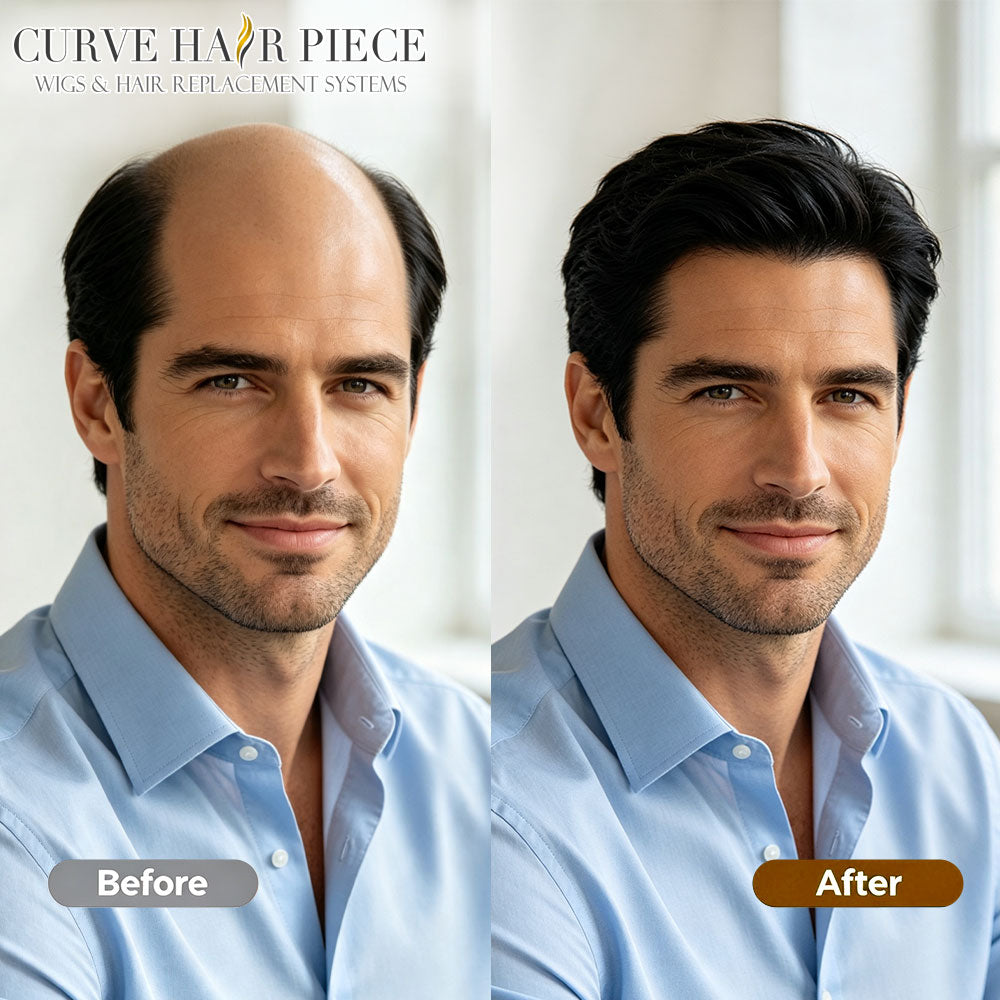 Curve Hair French Lace Front Mens Hair System Hand‑Tied Toupee For Men Undetectable Hairline Human Hairpiece