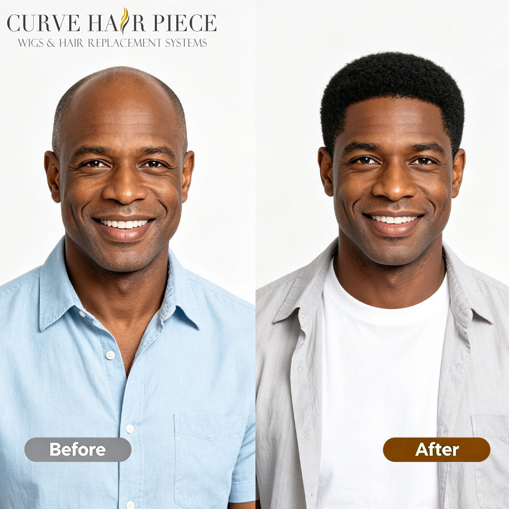 US Stock Afro Toupee for Black Men Full Injected PU Curly Hair Unit Kinky Curly Human Hair System Replacement