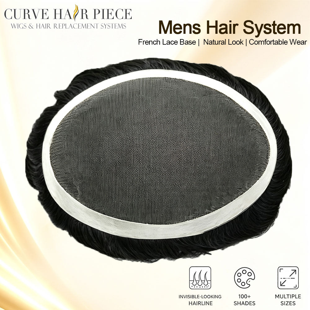 Toupee for Men Durable French Lace Mens Toupee Human Hair System Poly Skin Around Mens Wig Transparent Lace Hair Replacement System
