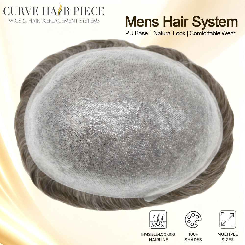US Stock 0.08mm Thickness Full Thin Skin PU Human Hair System for Men V-Looped Knots Natural Hairline Toupee Mens Hairpieces