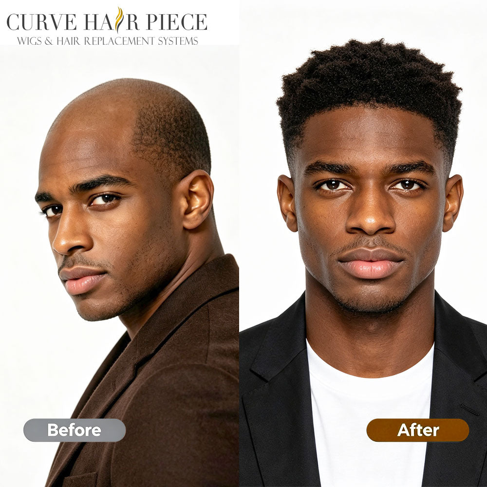 Afro Kinky Curly Toupee for Black Men Thin Skin Mens Toupee Human Hair Piece V-Looped PU Afro Curly African American Mens Hair Wig Units