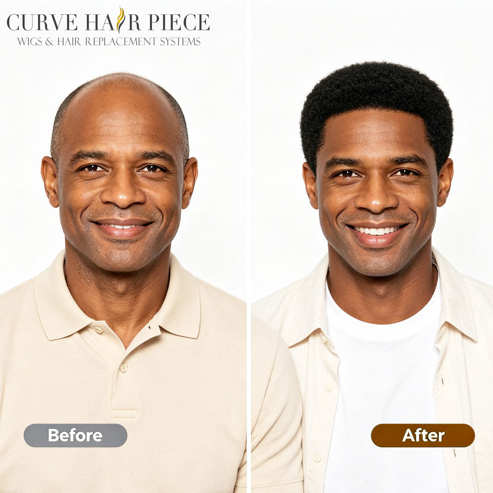 US Stock Afro Toupee for Black Men Full Injected PU Curly Hair Unit Kinky Curly Human Hair System Replacement