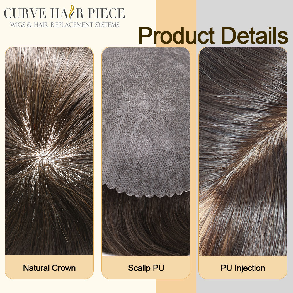 Mens Toupee Hairpiece European Human Hair Replacement Systems Soft Thin Skin Full Poly Durable Wig Units for Men