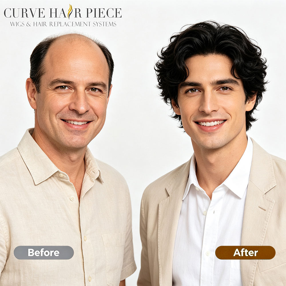 Curve Hair Toupee for Men Welded Lace Front Replacement Durable Mono Base Poly Skin Natural Hairline Hairpieces Natural Black Human Hair System