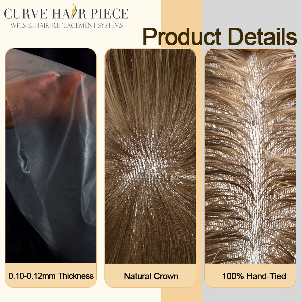 Full Poly 0.10mm Mens Toupee Thin Soft Human Hair Systemfor Men All Transparent Skin Replacement Durable PUHairpiece Wig for Men