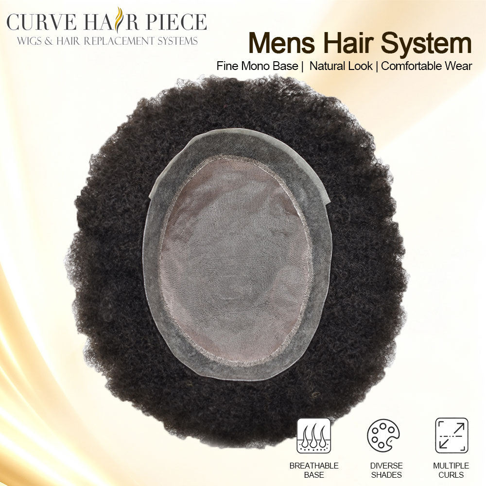 Curve Hair Units For Black Men Human Hair Replacement System Fine Mono Durable African American Mens Hairpiece