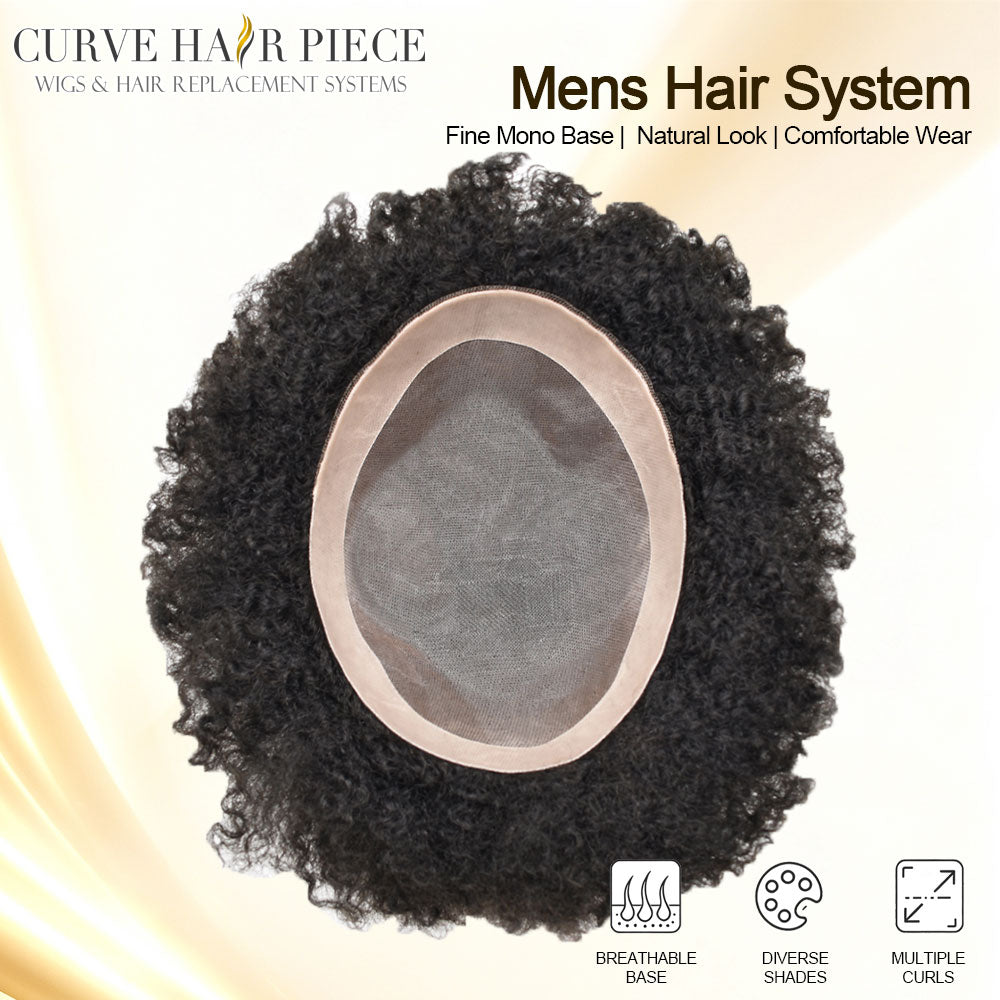 Afro Toupee for Black Men Fine Mono Lace Base 100% Real Human Hair Durable Mens Hair Replacement System Natural Afro Curly Hairpiece