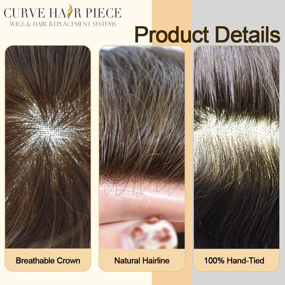 US Stock Men Hair System French Lace Center With Poly Skin Perimeter Human Hair Toupee, Invisible V Loop Knots Breathable Hairpiece | Fast USA Shipping