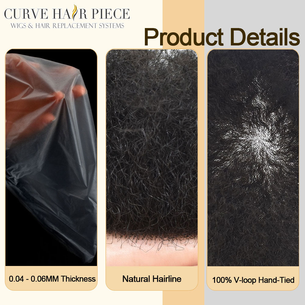 Afro Kinky Curly Toupee for Black Men Thin Skin Mens Toupee Human Hair Piece V-Looped PU Afro Curly African American Mens Hair Wig Units