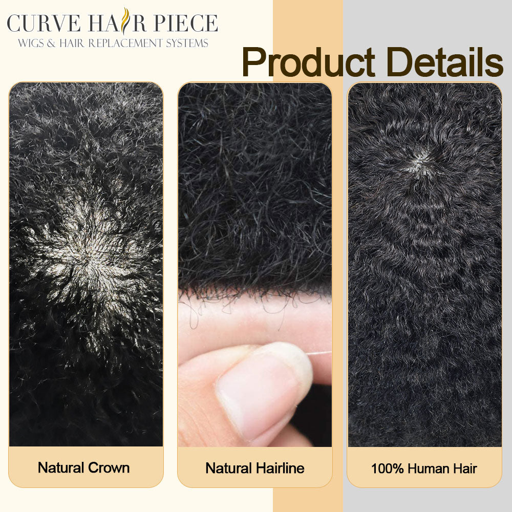 US Stock Afro Toupee for Black Men Full Injected PU Curly Hair Unit Kinky Curly Human Hair System Replacement