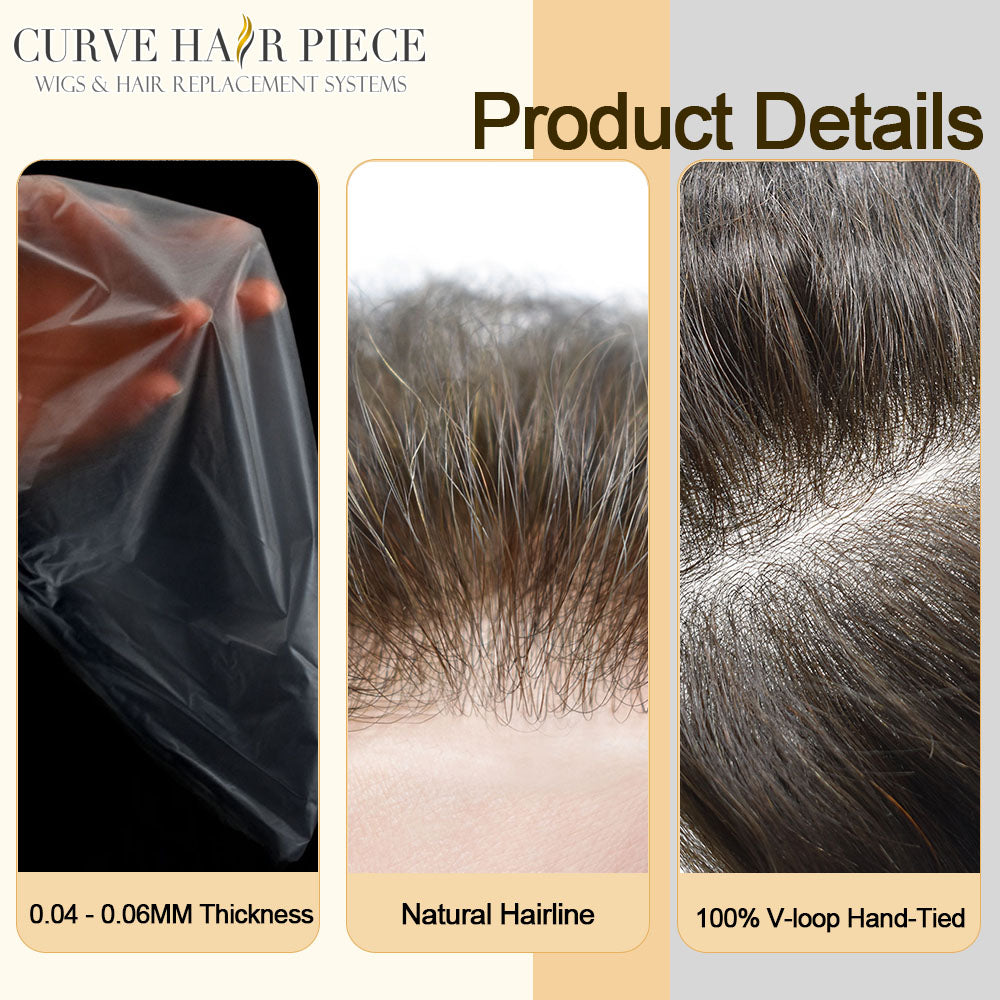 Ultra Thin Skin 0.06mm Mens Toupee Invisible Hair Replacement Thin Poly Hairpiece Natural Hairline Human Hair System Black Brown Blonde Gray V-Looped Wigs for Man