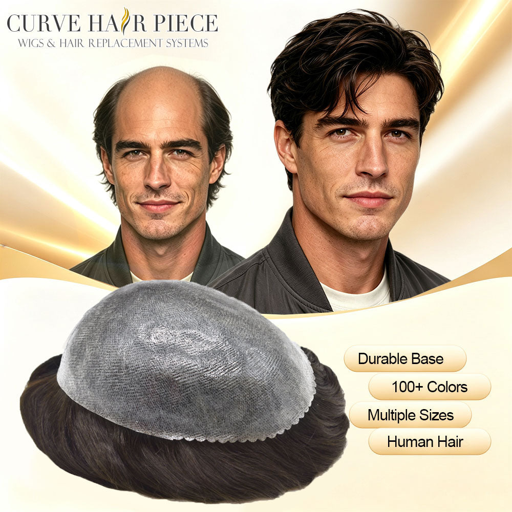 Mens Toupee Hairpiece European Human Hair Replacement Systems Soft Thin Skin Full Poly Durable Wig Units for Men