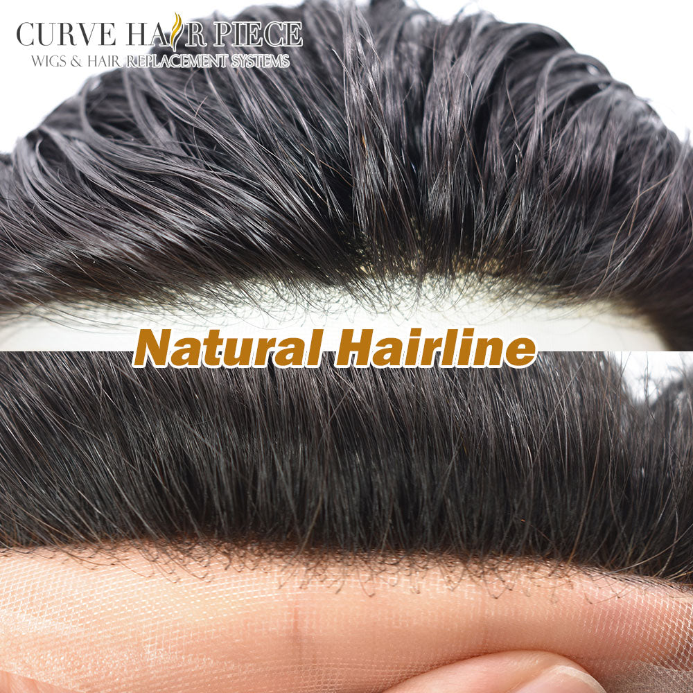 Curve Hair Toupee for Men Welded Lace Front Replacement Durable Mono Base Poly Skin Natural Hairline Hairpieces Natural Black Human Hair System