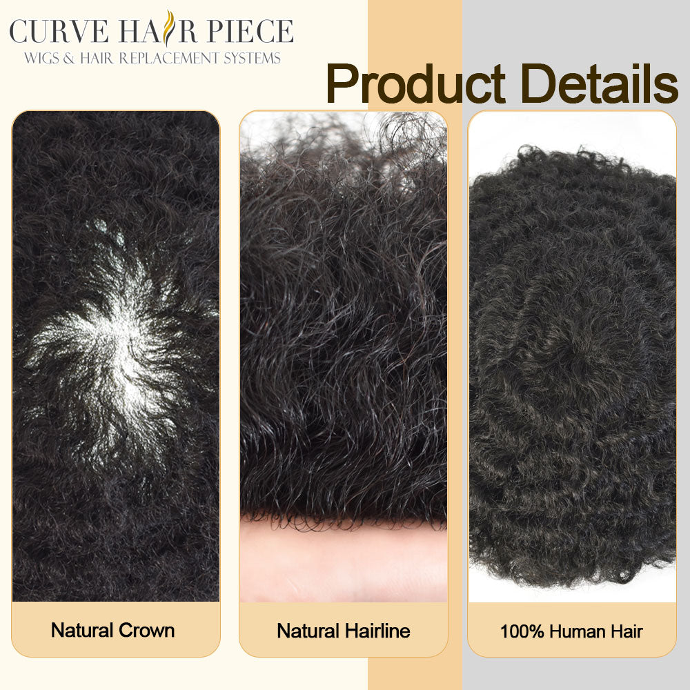 Hair Units for Black Men Thin Skin African American Men Full Poly Afro Curly Hair Units Wave Mens Hairpieces