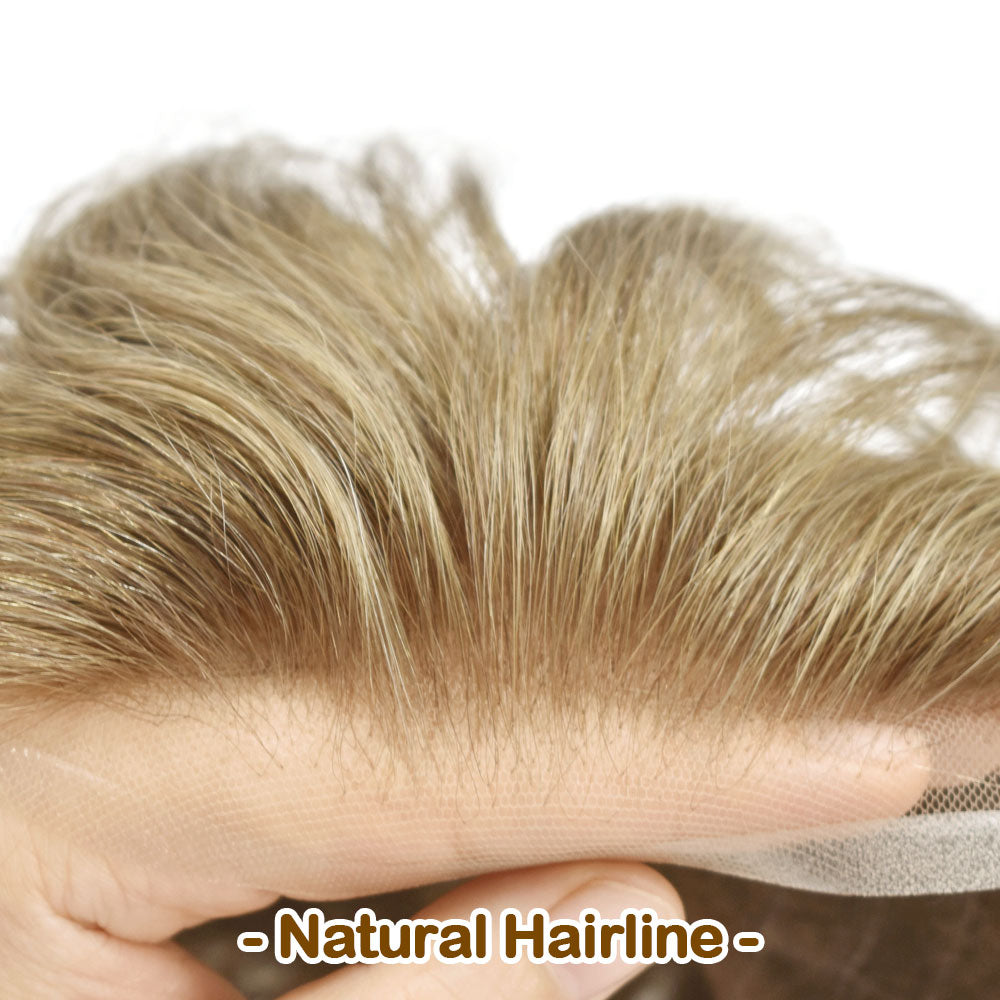 US Stock Men's Human Hair Toupee, French Lace Front With Poly Skin Coated Edge Hair System, Undetectable Bleached Knots Natural Hairline Breathable Hair Replacement For Daily & Salon Use