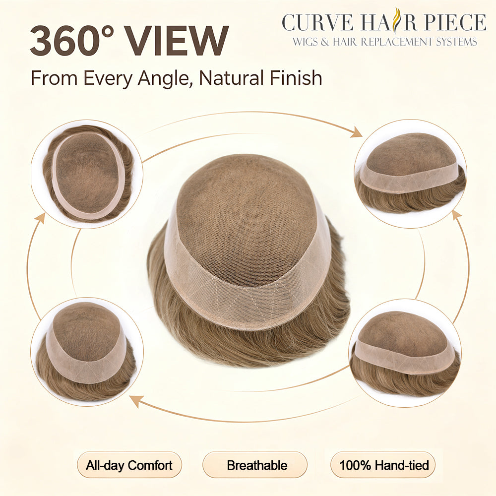 Toupee for Men Durable Fine Mono Mens Hair Replacement System Soft Human Hair Piece Poly Coated Around Hand Tied Mens Toupee Natural Looking Wigs