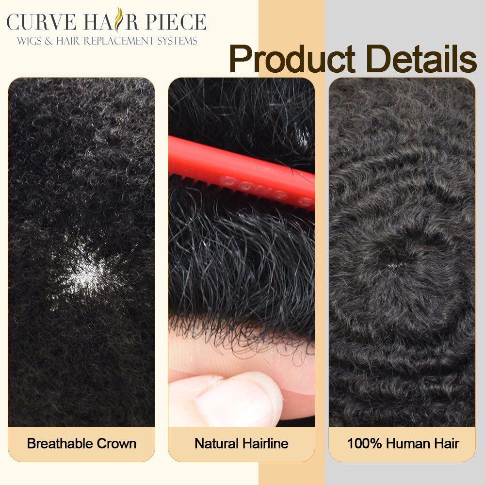 Curve Hair Units For Black Men Human Hair Replacement System Fine Mono Durable African American Mens Hairpiece