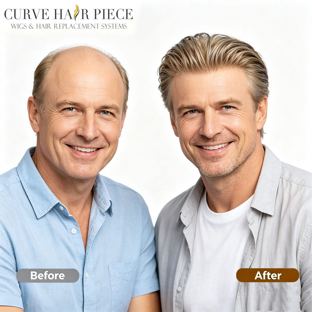US Stock 0.08mm Thickness Full Thin Skin PU Human Hair System for Men V-Looped Knots Natural Hairline Toupee Mens Hairpieces