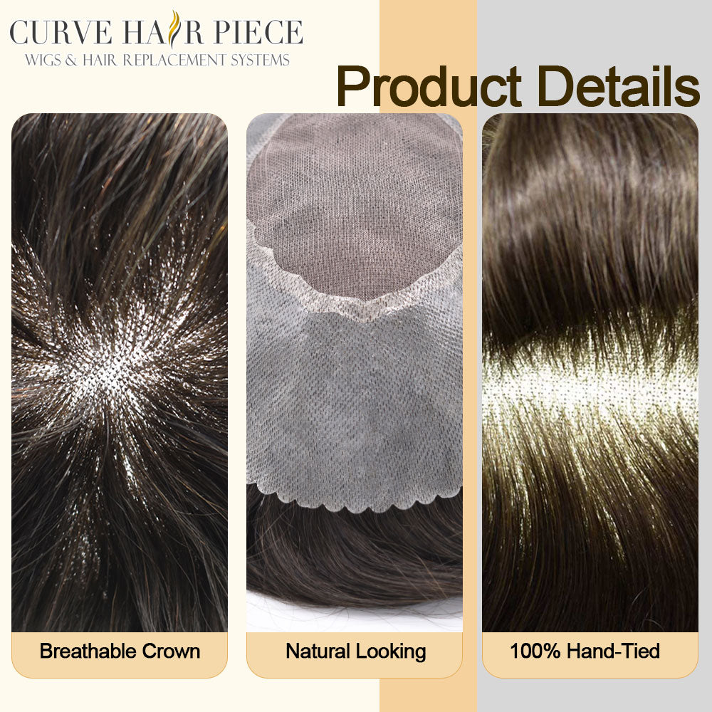 US Stock Monofilament Human Hair System For Men, Clear PU Perimeter Durable Invisible Hand Tied Mens Hair Pieces For Daily Wear |Fast shipping USA
