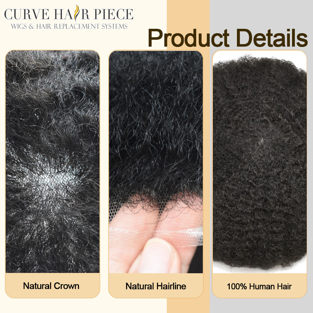 Afro Kink Curl Toupee for Black Men French Lace African American Human Hair Replacement Systems Breathable Hairpiece
