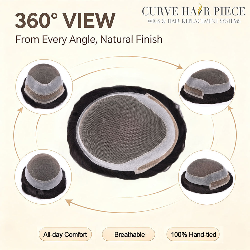 Curve Hair French Lace Front Mens Hair System Hand‑Tied Toupee For Men Undetectable Hairline Human Hairpiece