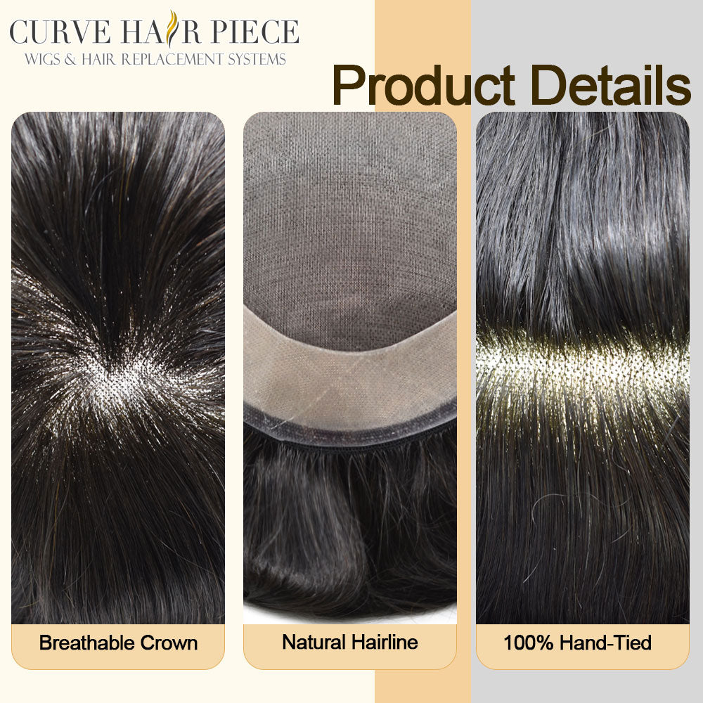 US Stock Monofilament Top Hair System for Men PU Around with Folded Lace Front Natural Hairline Toupee