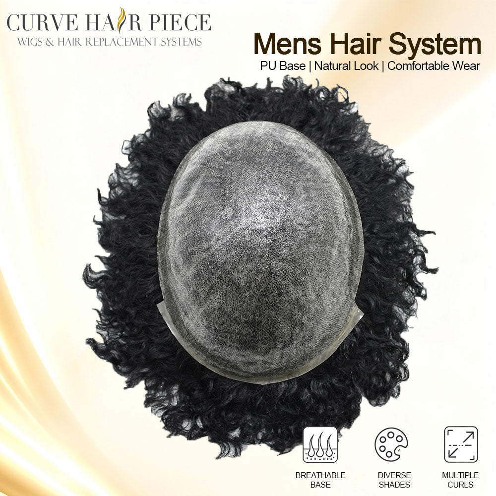 US Stock Afro Toupee for Black Men Full Injected PU Curly Hair Unit Kinky Curly Human Hair System Replacement