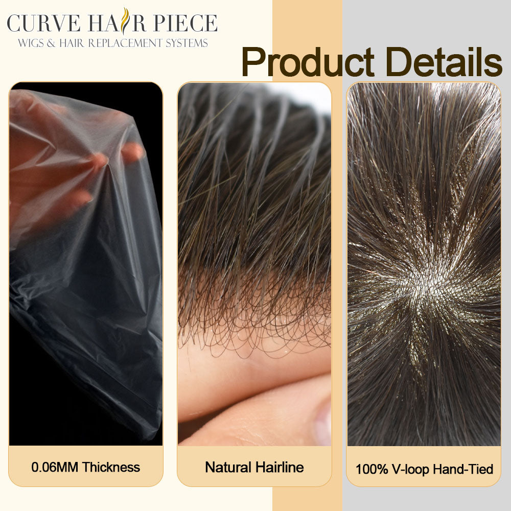 Pro-Grade 0.06mm Ultra Thin Skin Hair Systems for Men V-Looped Knots Mens Hairpieces Natural Hairline Toupee for Men