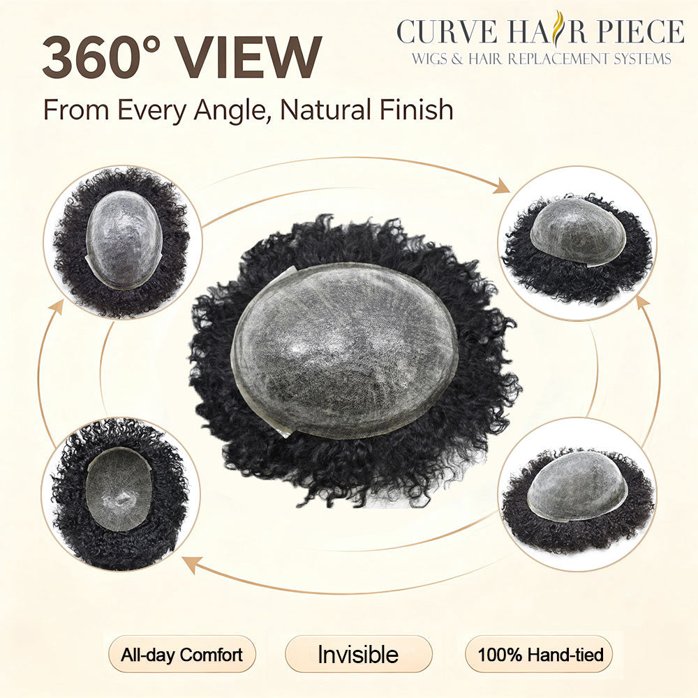 US Stock Afro Toupee for Black Men Full Injected PU Curly Hair Unit Kinky Curly Human Hair System Replacement