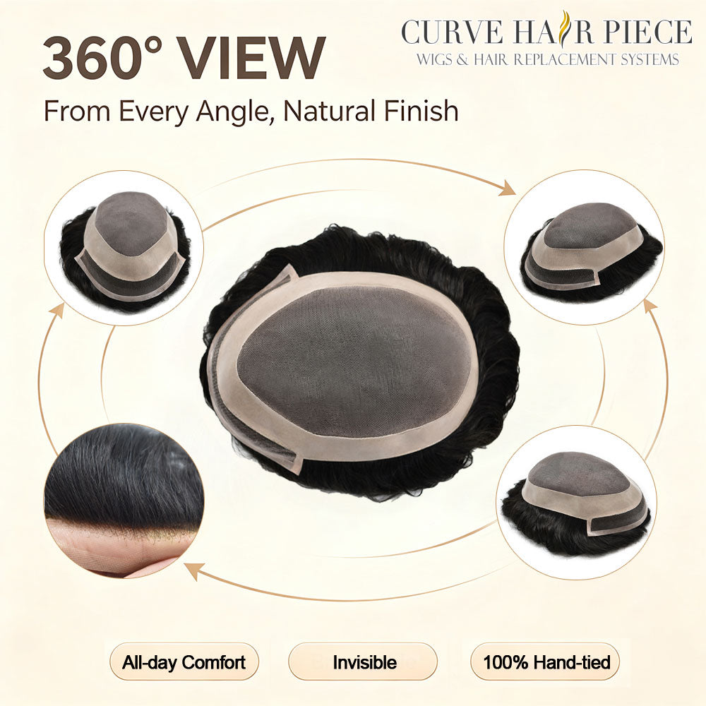 Curve Hair Toupee for Men Welded Lace Front Replacement Durable Mono Base Poly Skin Natural Hairline Hairpieces Natural Black Human Hair System