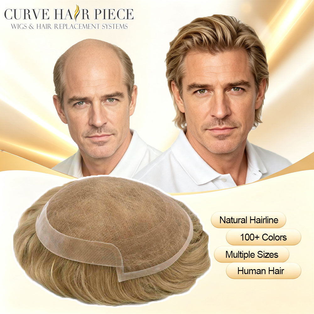 US Stock Men's Human Hair Toupee, French Lace Front With Poly Skin Coated Edge Hair System, Undetectable Bleached Knots Natural Hairline Breathable Hair Replacement For Daily & Salon Use