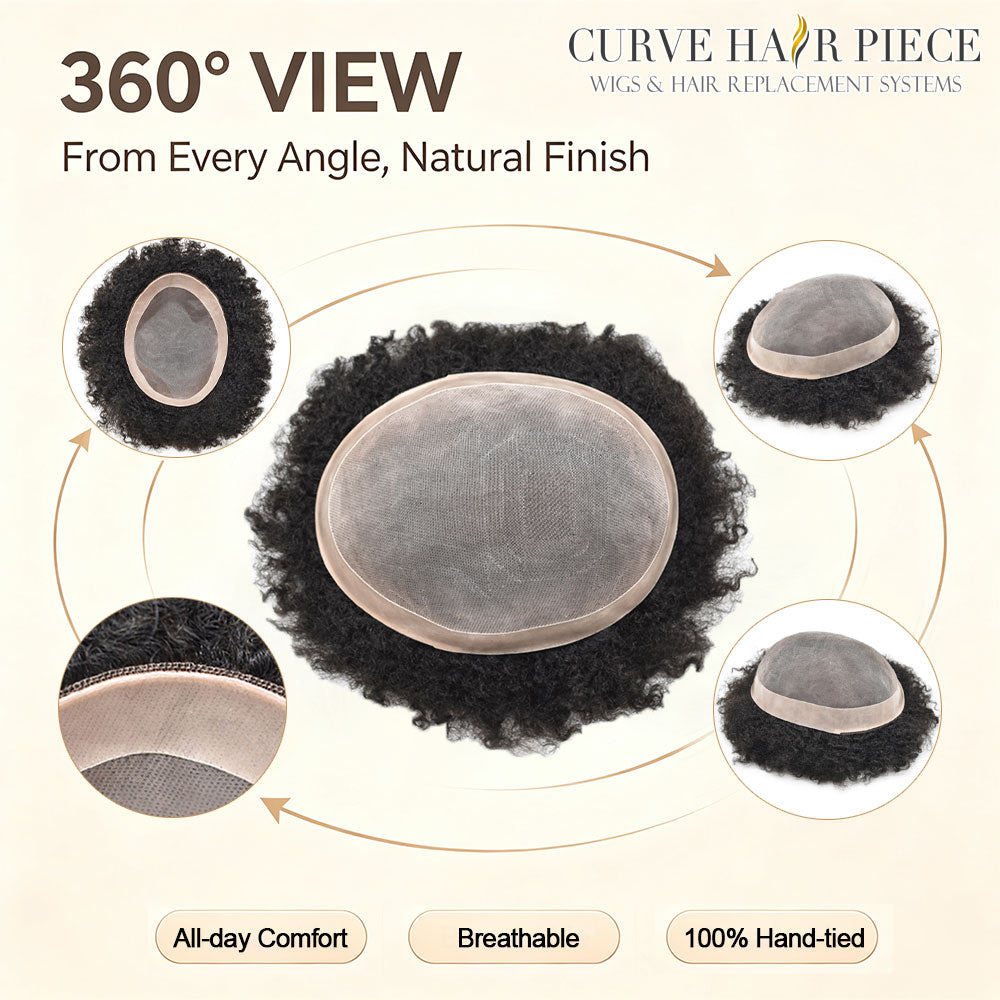 Afro Toupee for Black Men Fine Mono Lace Base 100% Real Human Hair Durable Mens Hair Replacement System Natural Afro Curly Hairpiece